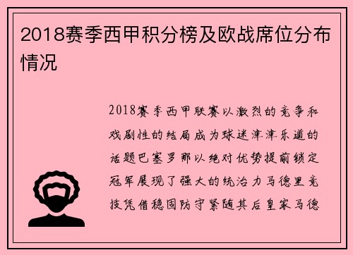 2018赛季西甲积分榜及欧战席位分布情况